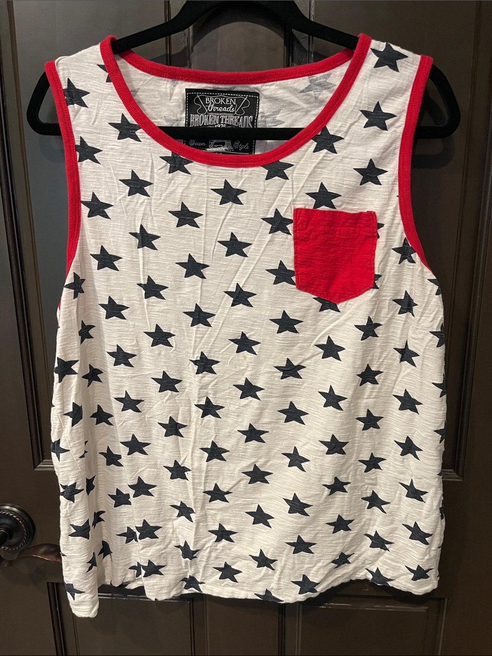 Broken Threads Men’s White Star-Print Tank with Red Trim